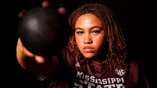 jhordyn stallworth with shot put on production day