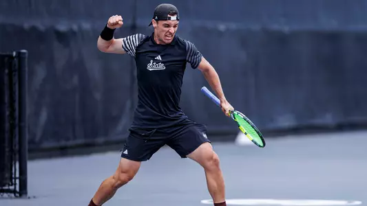 STARKVILLE, MS - March 03, 2024 - Mississippi State's Carles Hernandez during the match between the Georgia Bulldogs and the Mississippi State Bulldogs at the AJ Pitts Tennis Centre in Starkville, MS. Photo By Will Porada