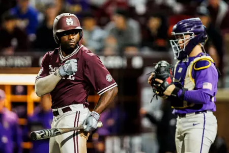STARKVILLE, MS - March 15, 2024 - Mississippi State Outfielder Dakota Jordan (#42) during the game between the LSU Tigers and the Mississippi State Bulldogs at Dudy Noble Field at Polk-Dement Stadium in Starkville, MS. Photo By Jaden Powell