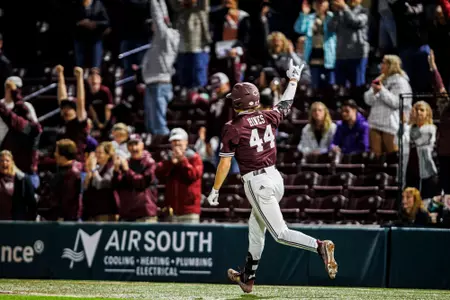 STARKVILLE, MS - March 15, 2024 - Mississippi State Infielder/Outfielder Hunter Hines (#44) during the game between the LSU Tigers and the Mississippi State Bulldogs at Dudy Noble Field at Polk-Dement Stadium in Starkville, MS. Photo By Jaden Powell
