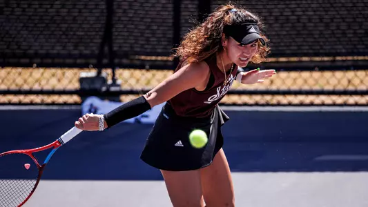 STARKVILLE, MS - March 10, 2024 - Mississippi State's Maria Rizzolo during the match between the LSU Tigers and the Mississippi State Bulldogs at the AJ Pitts Tennis Centre in Starkville, MS. Photo By Mike Mattina