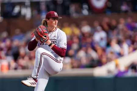 STARKVILLE, MS - March 16, 2024 - Mississippi State Pitcher Khal Stephens (#14) during the game between the Lou Tigers and the Mississippi State Bulldogs at Dudy Noble Field at Polk-Dement Stadium in Starkville, MS. Photo By Bailey Black