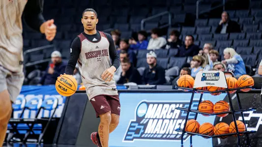 CHARLOTTE, NC - March 20, 2024 - Mississippi State Guard Shakeel Moore (#3) during shoot around before the game between the Michigan State Spartans and the Mississippi State Bulldogs at the Spectrum Center in Charlotte, NC. Photo By Mike Mattina