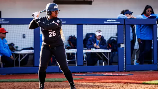 STARKVILLE, MS - March 10, 2024 - Mississippi State Outfielder Saleyna Daniel (#25) during the game between the Ole Miss Rebels and the Mississippi State Bulldogs at the Ole Miss Softball Complex in Oxford, MS. Photo By Ivy Rose Ball