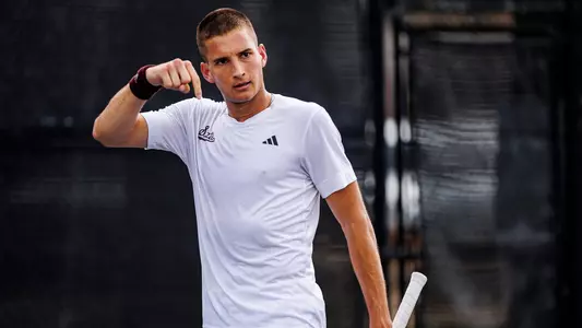 STARKVILLE, MS - March 17, 2024 - Mississippi State's Petar Jovanovic during the match between the Kentucky Wildcats and the Mississippi State Bulldogs at the AJ Pitts Tennis Centre in Starkville, MS. Photo By Ivy Rose Ball