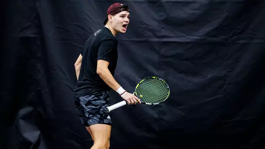 STARKVILLE, MS - February 09, 2024 - Mississippi State's Dusan Milanovic during the match between the North Florida Ospreys and the Mississippi State Bulldogs at the Rula Tennis Pavilion in Starkville, MS. Photo By Will Porada