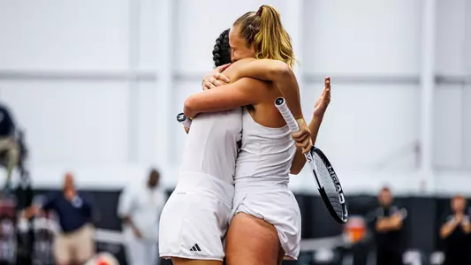 STARKVILLE, MS - March 22, 2024 - Mississippi State's Alexandra Mikhailuk and Mississippi State's Athina Pitta during the match between the Alabama Crimson Tide and the Mississippi State Bulldogs at the Rula Tennis Pavilion in Starkville, MS. Photo By Ivy Rose Ball