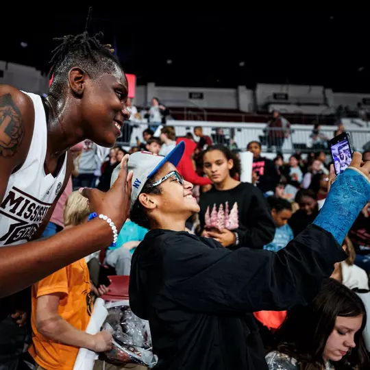 STARKVILLE, MS - November 15, 2023 - Mississippi State Forward Quanirah Cherry-Montague (#24) and Mississippi State Bulldog Fans during the game between the New Orleans Privateers and the Mississippi State Bulldogs at Humphrey Coliseum in Starkville, MS. Photo By Jaden Powell