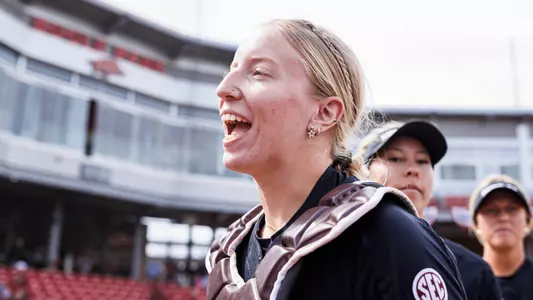 STARKVILLE, MS - March 24, 2024 - Mississippi State Catcher/Outfielder Ella Wesolowski (#74) during the game between the Mississippi State Bulldogs and the Arkansas Razorbacks at Bogle Park in Fayetteville, AR. Photo By Will Porada