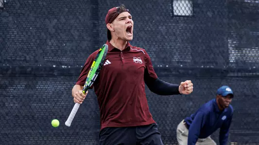 STARKVILLE, MS - March 03, 2024 - Mississippi State's Dusan Milanovic during the match between the Georgia Bulldogs and the Mississippi State Bulldogs at the AJ Pitts Tennis Centre in Starkville, MS. Photo By Will Porada