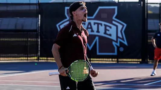 STARKVILLE, MS - March 29, 2024 - Mississippi State's Dusan Milanovic during the match between the Ole Miss Rebels and the Mississippi State Bulldogs at the AJ Pitts Tennis Centre in Starkville, MS. Photo By Ivy Rose Ball
