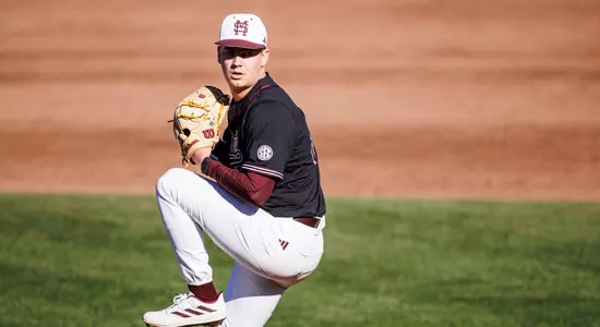 STARKVILLE, MS - February 18, 2024 - Mississippi State Pitcher Karson Ligon (#31) during the game between the Airfare Falcons and the Mississippi State Bulldogs at Dudy Noble Field at Polk-Dement Stadium in Starkville, MS. Photo By Mike Mattina