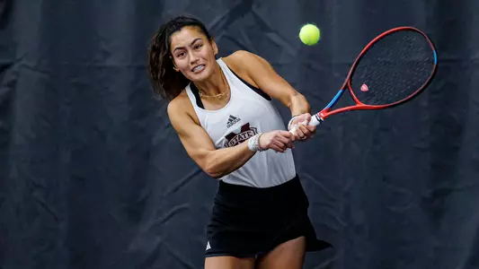 STARKVILLE, MS - February 18, 2024 - Mississippi State's Maria Rizzolo during the match between the Baylor Bears and the Mississippi State Bulldogs at the Rula Tennis Pavilion in Starkville, MS. Photo By Aniyah Mills
