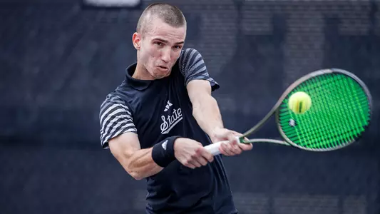STARKVILLE, MS - March 03, 2024 - Mississippi State's Radomir Tomic during the match between the Georgia Bulldogs and the Mississippi State Bulldogs at the AJ Pitts Tennis Centre in Starkville, MS. Photo By Will Porada