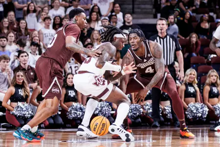 COLLEGE STATION, TX - March 06, 2024 - Mississippi State Forward DJ Jeffries (#0) and Mississippi State Guard/Forward Cameron Matthews (#4) during the game between the Texas A&M Aggies and the Mississippi State Bulldogs at Reed Arena in College Station, TX. Photo By Mike Mattina