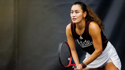 STARKVILLE, MS - January 13, 2024 - Mississippi State's Maria Rizzolo during the match between the Jacksonville State Gamecocks and the Mississippi State Bulldogs at the Rula Tennis Pavilion in Starkville, MS. Photo By Jaden Powell