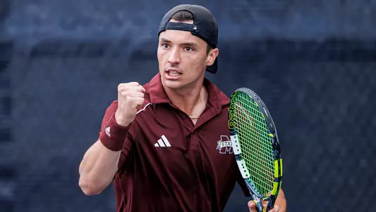 STARKVILLE, MS - March 03, 2024 - Mississippi State's Carles Hernandez during the match between the Georgia Bulldogs and the Mississippi State Bulldogs at the AJ Pitts Tennis Centre in Starkville, MS. Photo By Will Porada