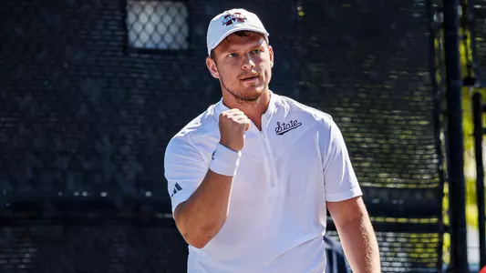 STARKVILLE, MS - April 05, 2024 - Mississippi State's Michal Novansky during the match between the Tennessee Volunteers and the Mississippi State Bulldogs at the AJ Pitts Tennis Centre in Starkville, MS. Photo By Jaden Powell