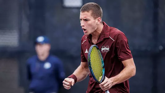 STARKVILLE, MS - March 03, 2024 - Mississippi State's Petar Jovanovic during the match between the Georgia Bulldogs and the Mississippi State Bulldogs at the AJ Pitts Tennis Centre in Starkville, MS. Photo By Will Porada