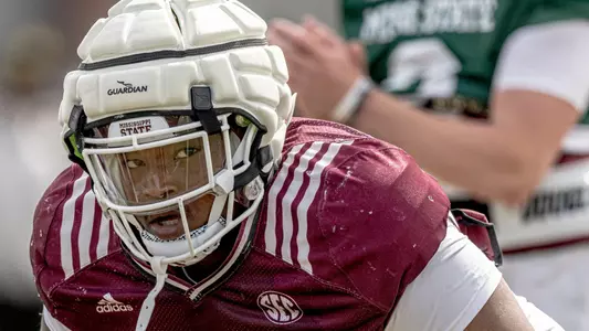 STARKVILLE, MS - April 06, 2024 - Mississippi State Offensive Lineman Makylan Pounders (#66) during spring practice at the Leo Seal Jr. Football Complex at Mississippi State University in Starkville, MS. Photo By Bryce Mitchell