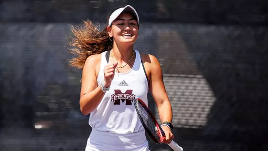 STARKVILLE, MS - April 14, 2024 - Mississippi State's Maria Rizzolo during the match between the Missouri Tigers and the Mississippi State Bulldogs at the AJ Pitts Tennis Centre in Starkville, MS. Photo By Mike Mattina