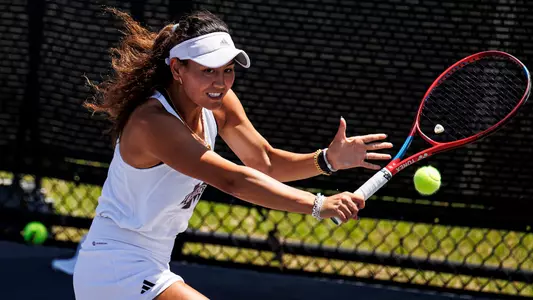 STARKVILLE, MS - April 14, 2024 - Mississippi State's Maria Rizzolo during the match between the Missouri Tigers and the Mississippi State Bulldogs at the AJ Pitts Tennis Centre in Starkville, MS. Photo By Mike Mattina