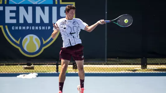 AUBURN, AL- April 20, 2023 - Mississippi State's Benito Sanchez Martinez during the SEC Tournament match between the Alabama Crimson Tide and the Mississippi State Bulldogs at Yarbrough Tennis Center in Auburn, AL. Photo by Jamie Holt/Auburn Tigers