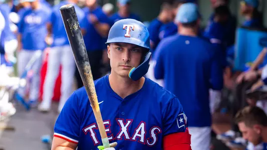 Mar 18, 2024; Surprise, Arizona, USA; Texas Rangers designated hitter Justin Foscue against the Seattle Mariners during a spring training baseball game at Surprise Stadium. Mandatory Credit: Mark J. Rebilas-USA TODAY Sports