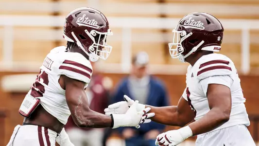 STARKVILLE, MS - April 20, 2024 - Mississippi State Defensive Lineman Donterry Russell (#36) and Mississippi State Defensive End De'Monte Russell (#9) during the 2024 Spring Football Game at Davis Wade Stadium at Scott Field in Starkville, MS. Photo By Mike Mattina