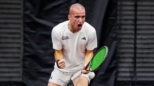 STARKVILLE, MS - January 14, 2024 - Mississippi State's Radomir Tomic during the match between the Northern Illinois Huskies and the Mississippi State Bulldogs at the Rula Tennis Pavilion in Starkville, MS. Photo By Ivy Rose Ball