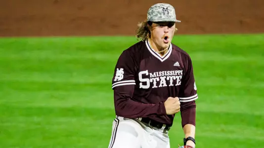 STARKVILLE, MS - April 19, 2024 - Mississippi State Pitcher Khal Stephen (#14) during the game between the Auburn Tigers and the Mississippi State Bulldogs at Dudy Noble Field at Polk-Dement Stadium in Starkville, MS. Photo By Mike Mattina