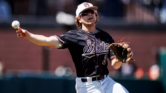 STARKVILLE, MS - April 21, 2024 - Mississippi State Infielder David Mershon (#3) during the game between the Auburn Tigers and the Mississippi State Bulldogs at Dudy Noble Field at Polk-Dement Stadium in Starkville, MS. Photo By Mike Mattina