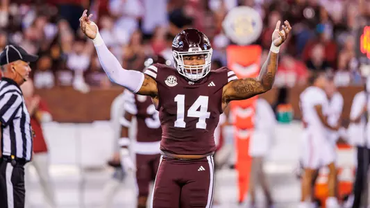 STARKVILLE, MS - September 30, 2023 - Mississippi State Linebacker Nathaniel Watson (#14) during the game between the Alabama Crimson Tide and the Mississippi State Bulldogs at Davis Wade Stadium at Scott Field in Starkville, MS. Photo By Bailey Black