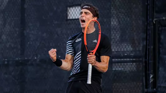 STARKVILLE, MS - March 29, 2024 - Mississippi State's Nemanja Malesevic during the match between the Ole Miss Rebels and the Mississippi State Bulldogs at the AJ Pitts Tennis Centre in Starkville, MS. Photo By Ivy Rose Ball