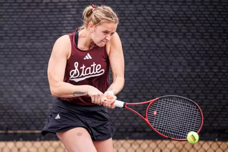 STARKVILLE, MS - February 16, 2024 - Mississippi State's Chloé Cirotte during the match between the Louisiana Ragin’ Cajuns and the Mississippi State Bulldogs at the AJ Pitts Tennis Centre in Starkville, MS. Photo By Mike Mattina