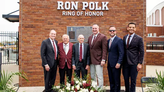 STARKVILLE, MS - April 06, 2024 - Mississippi State University President Dr. Mark Keenum, Former Mississippi State Baseball Coach Ron Polk, Mississippi State Ring of Honor Inductee Jim Ellis, Mississippi State Ring of Honor Inductee Bobby Reed, Ron Polk Ring of Honor Committee Chairman Saunders Ramsey and Mississippi State Director of Athletics Zac Selmon during the 2023-2024 Ron Polk Ring of Honor Ceremony at Dudy Noble Field at Polk-Dement Stadium in Starkville, MS. Photo By Mike Mattina