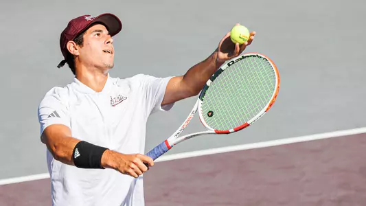 STARKVILLE, MS - April 05, 2024 - Mississippi State's Roberto Ferrer Guimaraes during the match between the Tennessee Volunteers and the Mississippi State Bulldogs at the AJ Pitts Tennis Centre in Starkville, MS. Photo By Jaden Powell