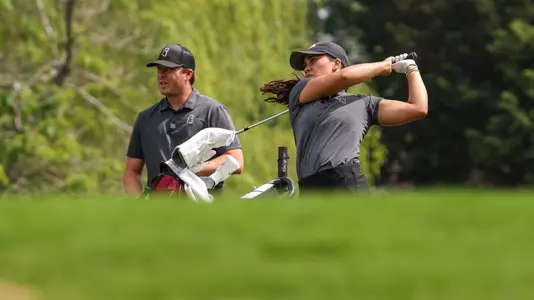 BERMUDA RUN, NC - May 08, 2024 - Mississippi State's Izzy Pellot and Mississippi State Head Coach Charlie Ewing during the NCAA Bermuda Run Regional Day Three at Bermuda Run Country Club in Bermuda Run, NC. Photo By Ainsley E. Fauth