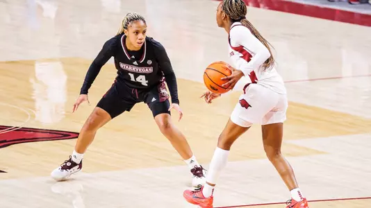 FAYETTEVILLE, AR - January 11, 2024 - Mississippi State Guard Mjracle Sheppard (#14) during the game between the Arkansas Razorbacks and the Mississippi State Bulldogs at Bud Walton Arena in Fayetteville, AR. Photo By Jaden Powell