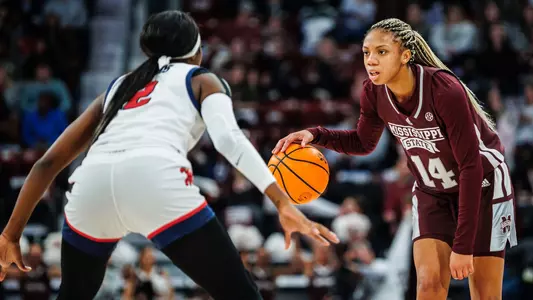 STARKVILLE, MS - January 14, 2024 - Mississippi State Guard Mjracle Sheppard (#14) during the game between the Ole Miss Rebels and the Mississippi State Bulldogs at Humphrey Coliseum in Starkville, MS. Photo By Jaden Powell