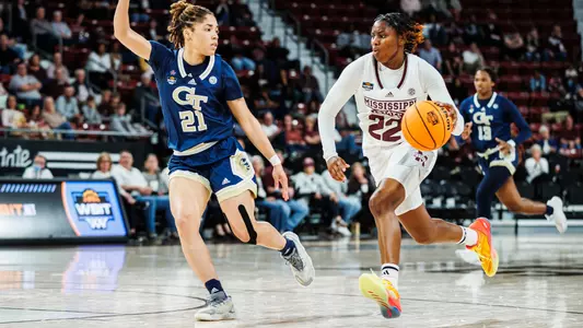 STARKVILLE, MS - March 21, 2024 - Mississippi State Guard Jasmine Brown (#22) during the game between the Georgia Tech Yellow Jackets and the Mississippi State Bulldogs at Humphrey Coliseum in Starkville, MS. Photo By Jaden Powell