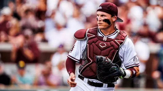 STARKVILLE, MS - May 04, 2024 - Mississippi State Catcher Johnny Long (#18) during the game between the Alabama Crimson Tide and the Mississippi State Bulldogs at Dudy Noble Field at Polk-Dement Stadium in Starkville, MS. Photo By Ivy Rose Ball