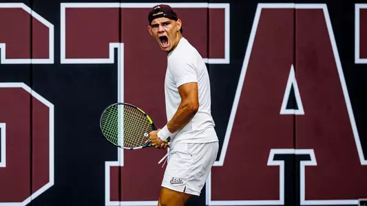 STARKVILLE, MS - May 03, 2024 - \mt during the 2024 NCAA Men’s Tennis Tournament match between the Alabama State Hornets and the Mississippi State Bulldogs at the Rula Tennis Pavilion in Starkville, MS. Photo By Ivy Rose Ball