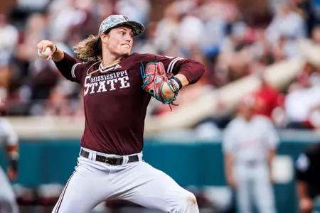 STARKVILLE, MS - May 03, 2024 - Mississippi State Pitcher Khal Stephen (#14) during the game between the Alabama Roll Tide and the Mississippi State Bulldogs at Dudy Noble Field at Polk-Dement Stadium in Starkville, MS. Photo By Jaden Powell