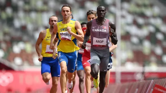 TOKYO, JAPAN - JULY 31, 2021 -  Andreas Kramer of Team Sweden and Marco Arop of Team Canada compete in round one of the Men's 800m heats on day eight of the Tokyo 2020 Olympic Games at Olympic Stadium on July 31, 2021 in Tokyo, Japan.
Photo by Matthias Hangst/Getty Images