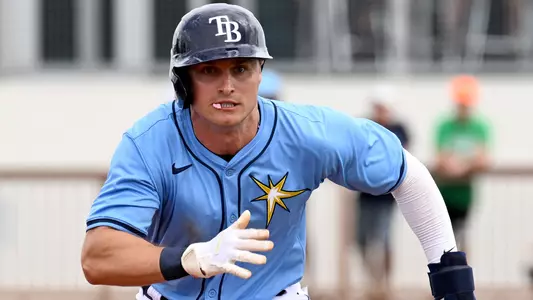 Mar 3, 2024; North Port, Florida, USA; Tampa Bay Rays left fielder Jake Mangum (72) heads for third base in the third inning of the spring training game against the Pittsburgh Pirates at CoolToday Park. Mandatory Credit: Jonathan Dyer-USA TODAY Sports