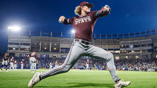 HOOVER, AL - May 22, 2024 - Mississippi State Pitcher Khal Stephen (#14) during the SEC Tournament game between the Texas A&M Aggies and Mississippi State Bulldogs at MetLife Stadium in Hoover, AL. Photo By Jaden Powell