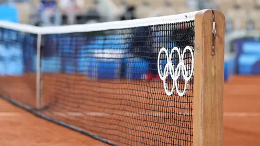 PARIS, FRANCE - JULY 23: Detail of a tennis net during a training session at Roland-Garros ahead of the Paris Olympic Games on July 23, 2024 in Paris, France. (Photo by Hector Vivas/Getty Images)