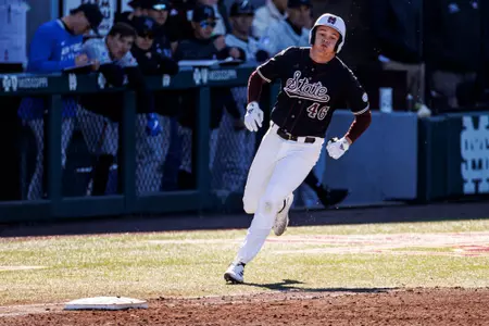 Jackson McKenzie STARKVILLE, MS - February 18, 2024 - Mississippi State Infielder/Outfielder/Pitcher Jackson McKenzie (#46) during the game between the Airfare Falcons and the Mississippi State Bulldogs at Dudy Noble Field at Polk-Dement Stadium in Starkville, MS. Photo By Mike Mattina