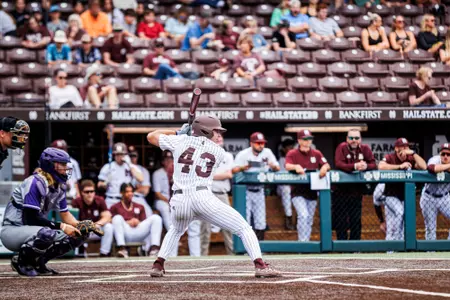 Steven Spalitta STARKVILLE, MS - April 02, 2024 - Mississippi State Infielder/Catcher Steven Spalitta (#43) during the game between the Central Arkansas Bears and the Mississippi State Bulldogs at Dudy Noble Field at Polk-Dement Stadium in Starkville, MS. Photo By Jaden Powell